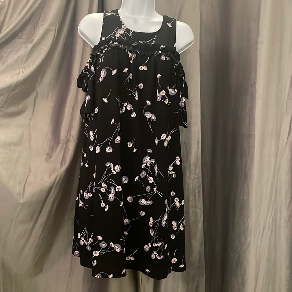 Womens floral print/black “cold shoulder “ dress. Size medium.